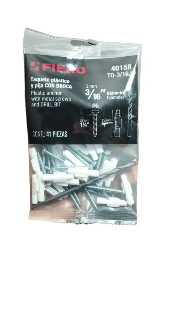 KIT DE 20 TAQUETES PLASTICOS 3/16 PIJA/BROCA FIERO 40158 TQ-3/16J