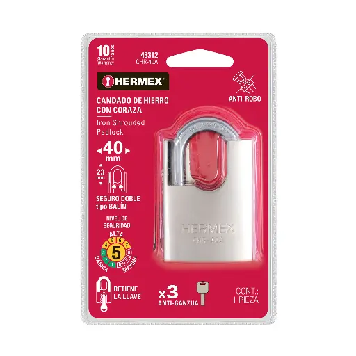 CANDADO 40MM HIERRO CORAZA BLIST HERMEX 43312 CHR-40A