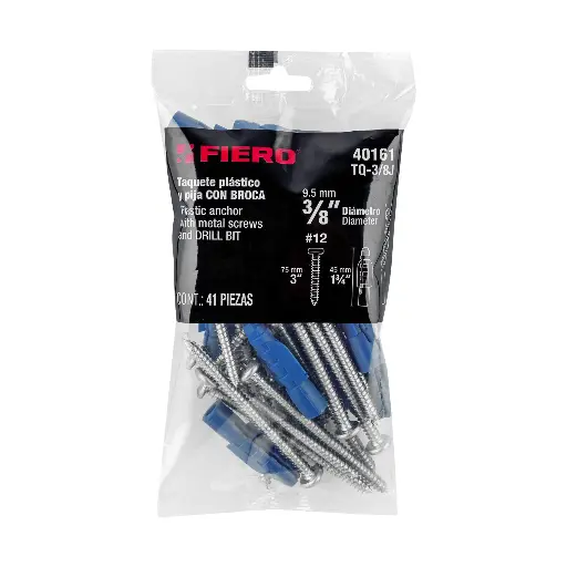 KIT DE 20 TAQUETES PLASTICOS 3/8 PIJA/BROCA FIERO 40161 TQ-3/8J
