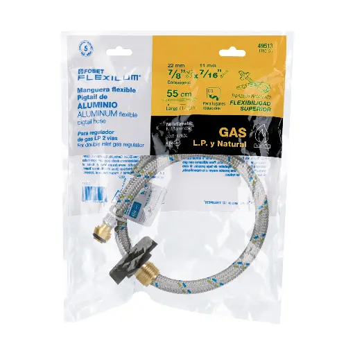 MANGUERA GAS PIGTAIL ALUMINIO 7/16X7/8  FOSET 49513