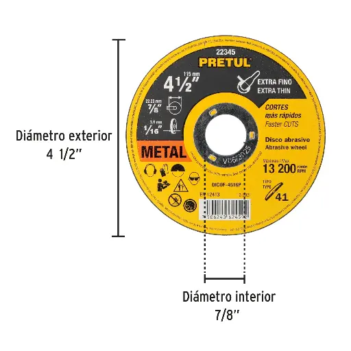 DISCO DE CORTE FINO METAL 4 1/2 PRETUL 22345